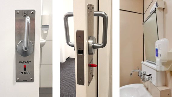 Three images including a side view of a bathroom door with a locking mechanism that indicates whether the room is in use, a bathroom door handle with a lock and a way to show whether the room is being used and a bathroom mirror that has been tilted to allow use by those in wheelchairs.